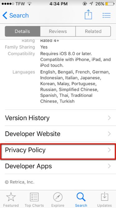 Retrica iOS app in App Store: Highlight Privacy Policy