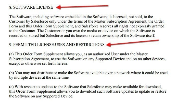 SalesforceIQ EULA: Software license and Permitted license clauses