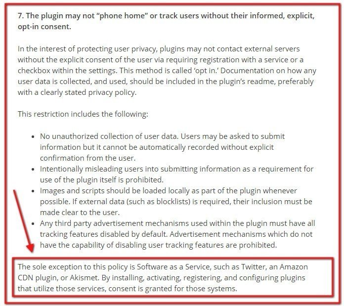 WordPress Plugin Guidelines, Section 7 exception addresses Privacy Policy for SaaS