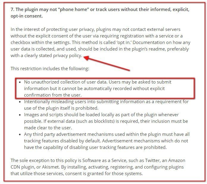 WordPress Plugin Guidelines, Section 7 addresses Privacy Policy