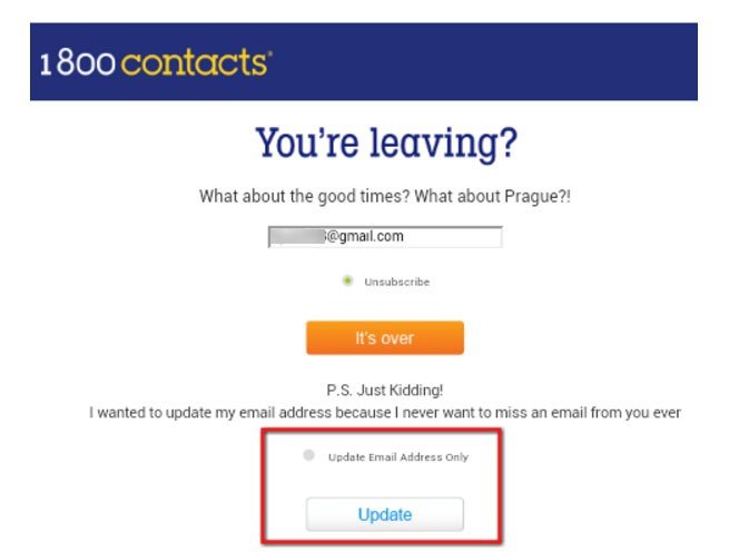 Update email only on the landing page to unsubscribe from 1800Contacts