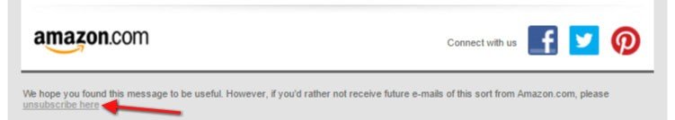 Amazon Email, footer section: Unsubscribe here link