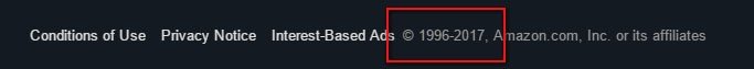 Amazon website footer: Copyright date years from 1996 to 2017