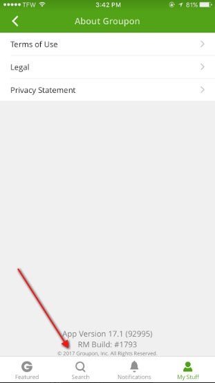 Groupon mobile app: Highlight the copyright notice