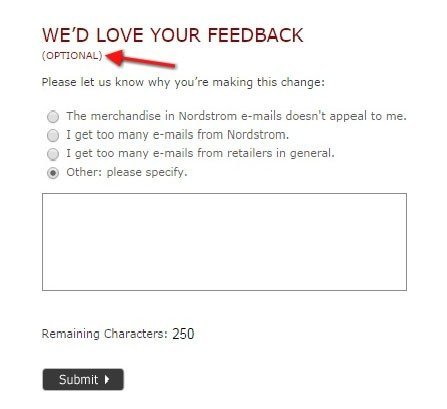 Nordstrom: Feedback form after unsubscribed