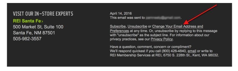 REI email, footer section: Change email address link