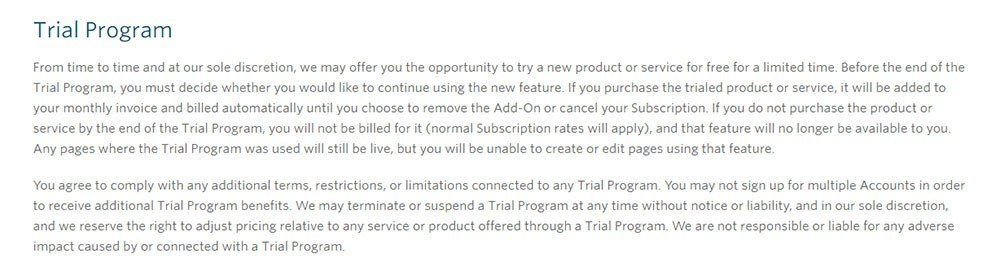Unbounce: Trial Program clause in Terms &amp; Conditions