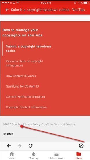YouTube mobile app: Highlight the Google copyright notice
