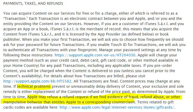 Apple iTunes: Return/Refund Policy: No refund if fraud or abuse