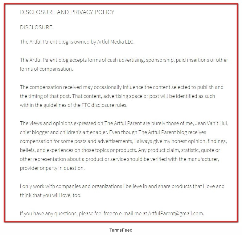 Screenshot of Artful Parent Disclosure Page