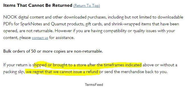 Barnes and Noble: No Return or Refund if time limit passes