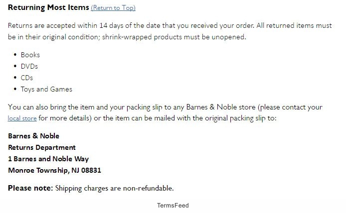 Barnes and Noble Return/Refund Policy: Screenshot of Conditions