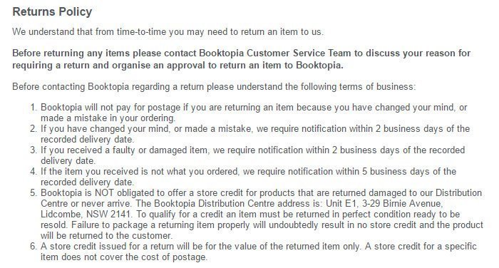 Booktopia Return and Refund Policy: the 2 to 5 business days time limit