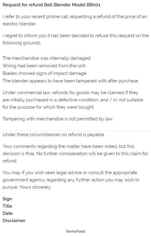 Example of email to decline a refund because it