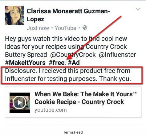 Example of Facebook Post with #ad hashtag and disclosure