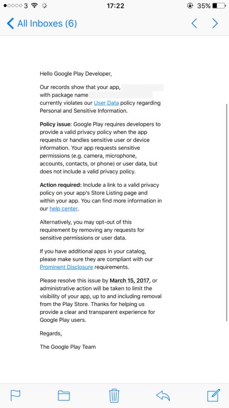 2017 Email from Google Play Store on Policy Violation