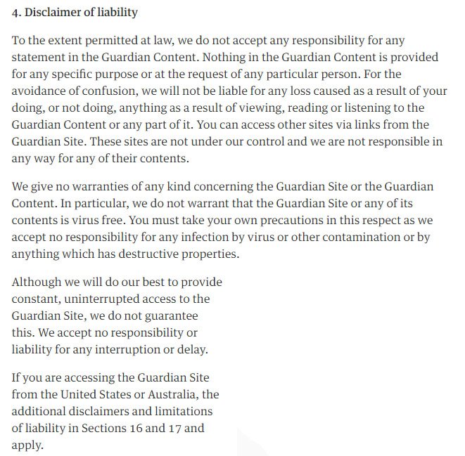 Guardian: Disclaimer of Liability in Terms of Service