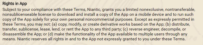 Ingress game: Rights in App clause from Terms &amp; Condition