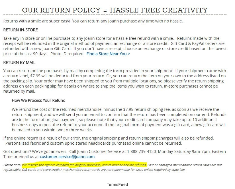 Screenshot of conditions from Return/Refund Policy of Joann Fabric Craft