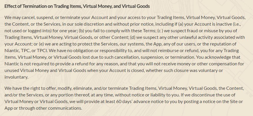 Pokemon GO game: Account termination &amp; Virtual money in Terms &amp; Conditions