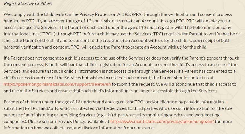 Pokemon GO game: Registration by Children clause in Terms &amp; Conditions