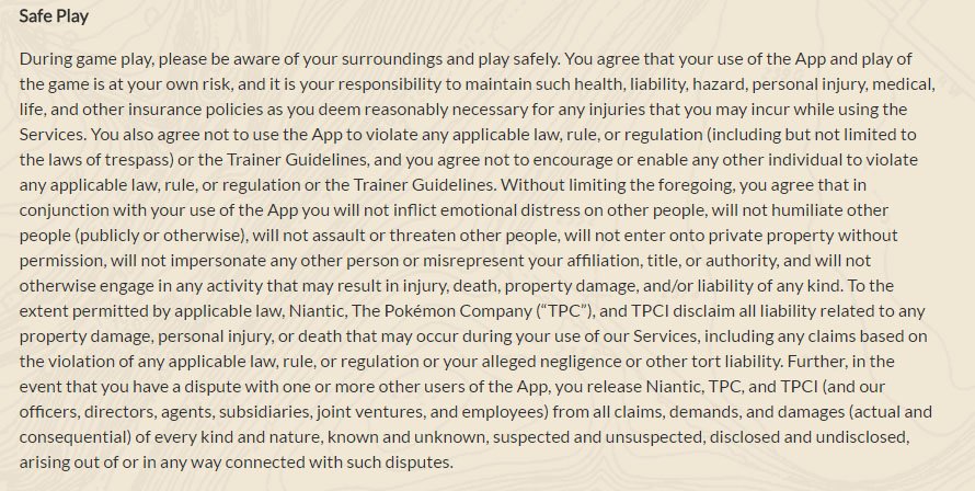 Pokemon GO: Safe Play clause in Terms &amp; Conditions
