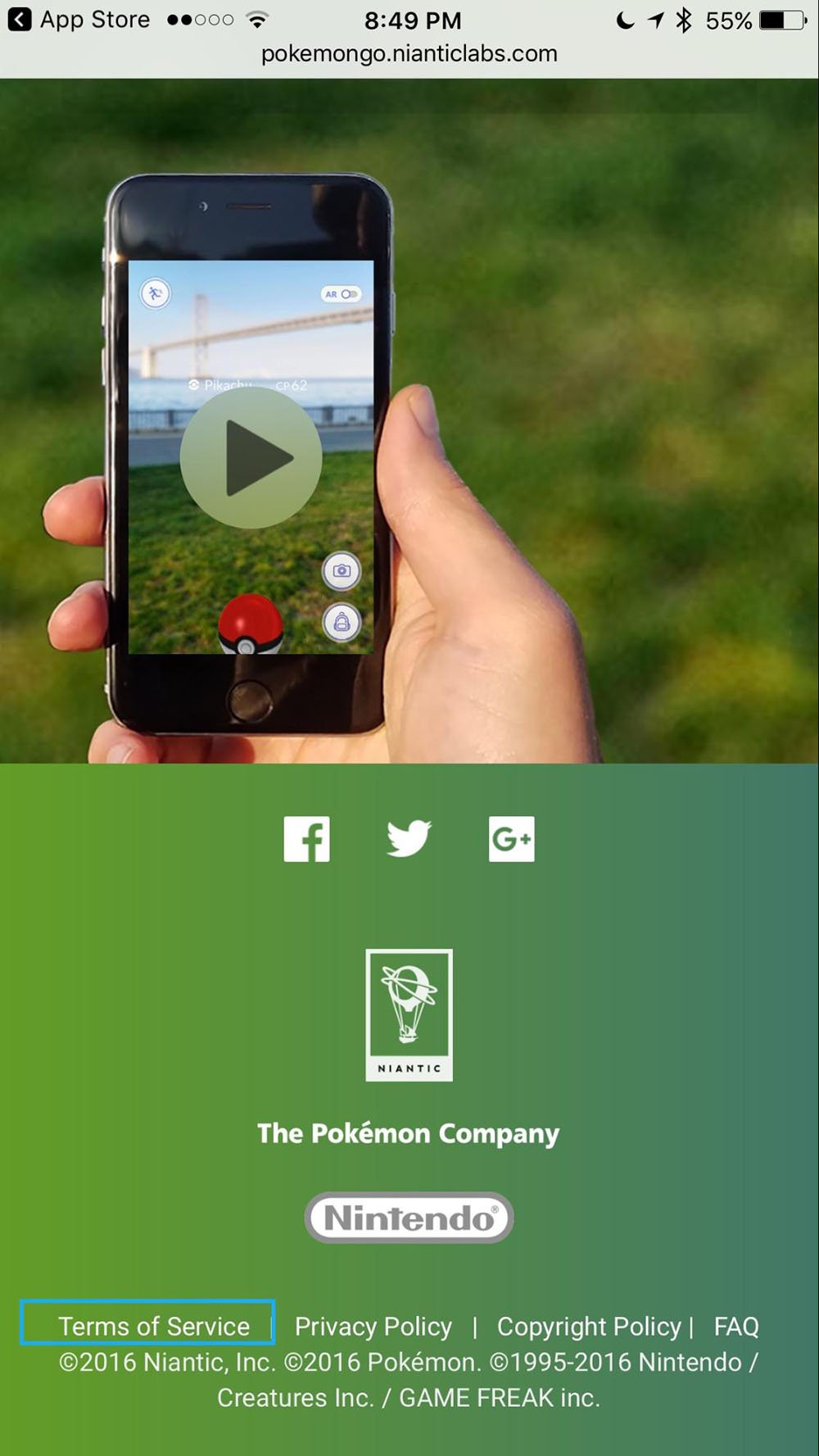 Pokemon GO: Highlight Terms of Service in footer screenshot