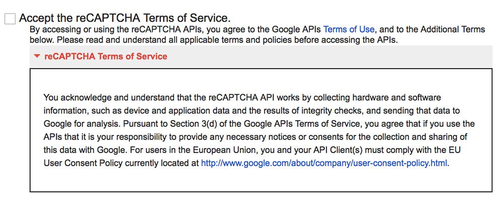 Screenshot of reCAPTCHA Terms of Service