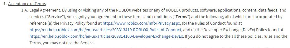Roblox: Acceptance of Terms clause in Terms of Servic