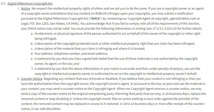Roblox game platform: DMCA clause in Terms &amp; Conditions