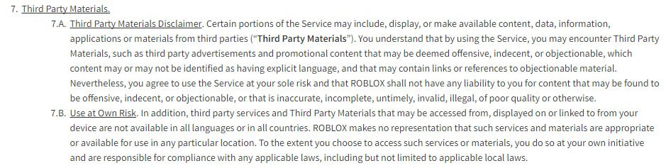 Roblox game platform: Third party materials clause in Terms &amp; Conditions