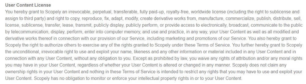 Scopely game developer: User-generated content license in Terms &amp; Conditions
