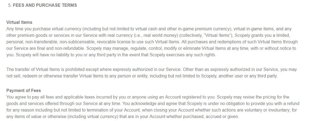 Scopely game: Fees &amp; Purchases terms clause in Terms &amp; Conditions
