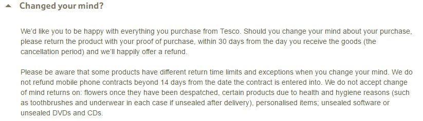 Tesco UK Return and Refund Policy: the 30-days and the 14-days time limit