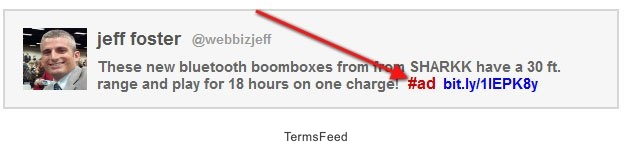Example disclosure in tweet: Using #ad hashtag