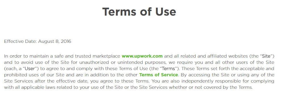 Upwork: Screenshot of Terms of Use