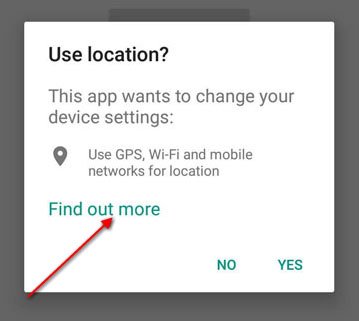 Highlight the Find out more link on Android Permissions dialog