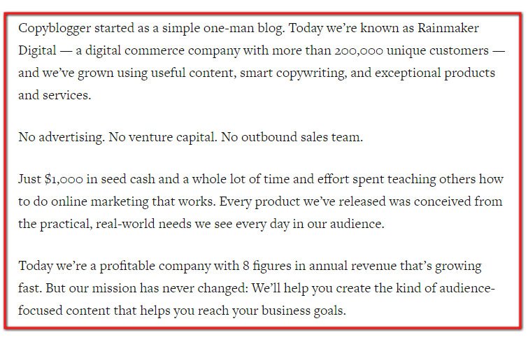 Copyblogger About Us page: Started with no advertising, no venture capital