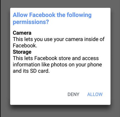 Facebook Android Permissions Dialog: Allow for Camera and Storage