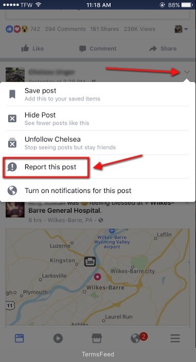 Facebook iOS Report button for Objectionable content