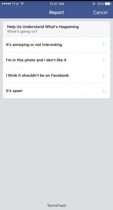 Facebook iOS: Reporting Objectionable Content: Choose reason