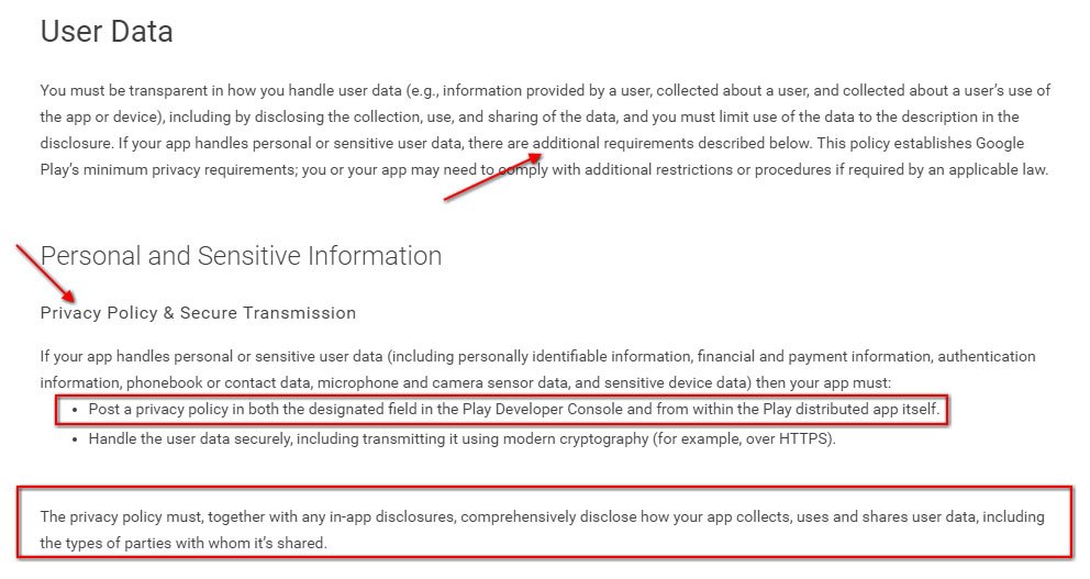 Privacy Policy requirement by Google Play Store