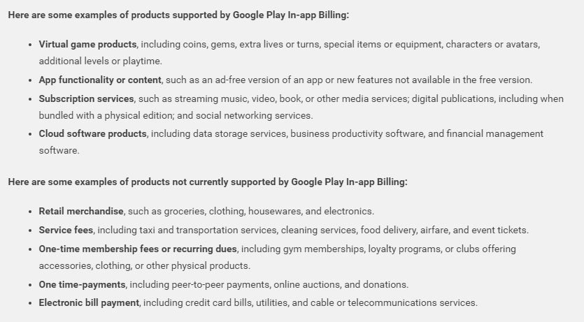 Google Play Store Developer Policy: Examples of in-app purchases
