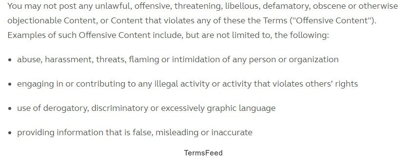 Guaana Terms of Service: Screenshot of what Content is not allowed in Objectionable Content clause