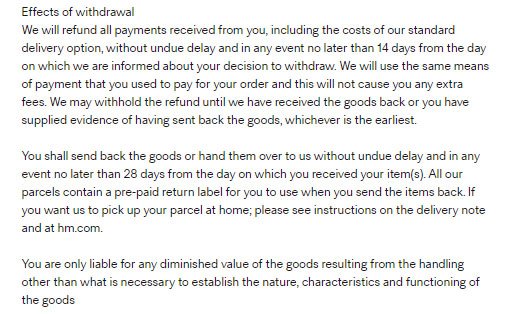 H&amp;M Online: Right of withdrawal in Return &amp; Refund Policy