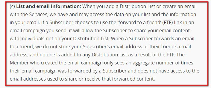 MailChimp Privacy Policy: List and email information clause