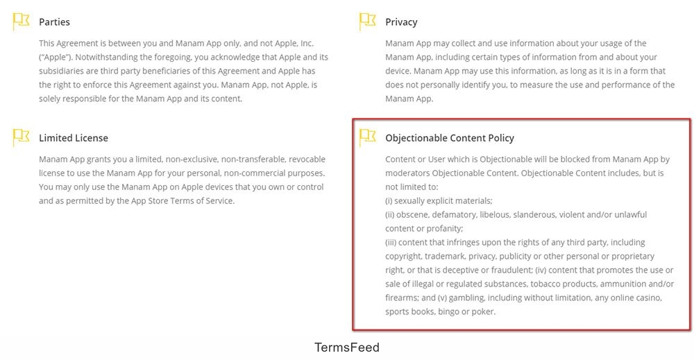 Manam App Terms & Conditions: Objectionable Content Policy