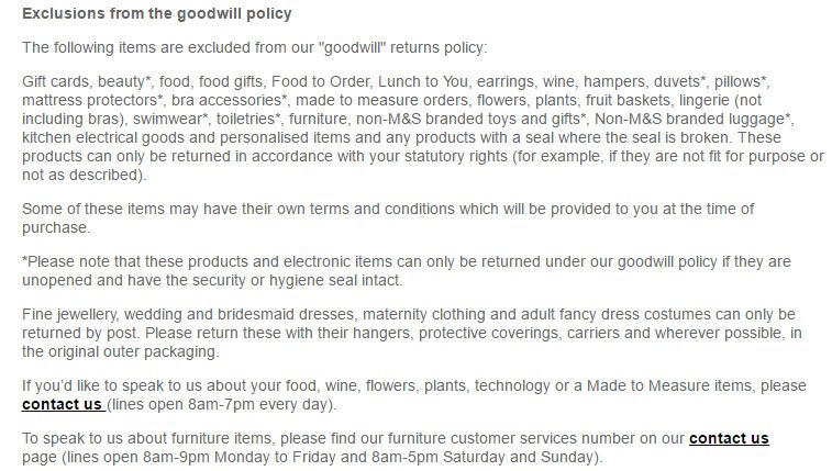 Marks &amp; Spencer Return &amp; Refund Policy: Exceptions to returns