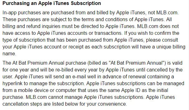 MLB app Terms of Use: In-app purchases and iTunes subscriptions