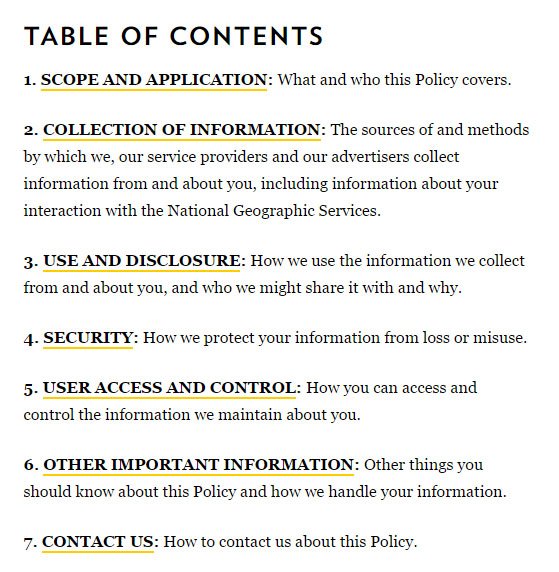 Table of Content from National Geographic Privacy Policy